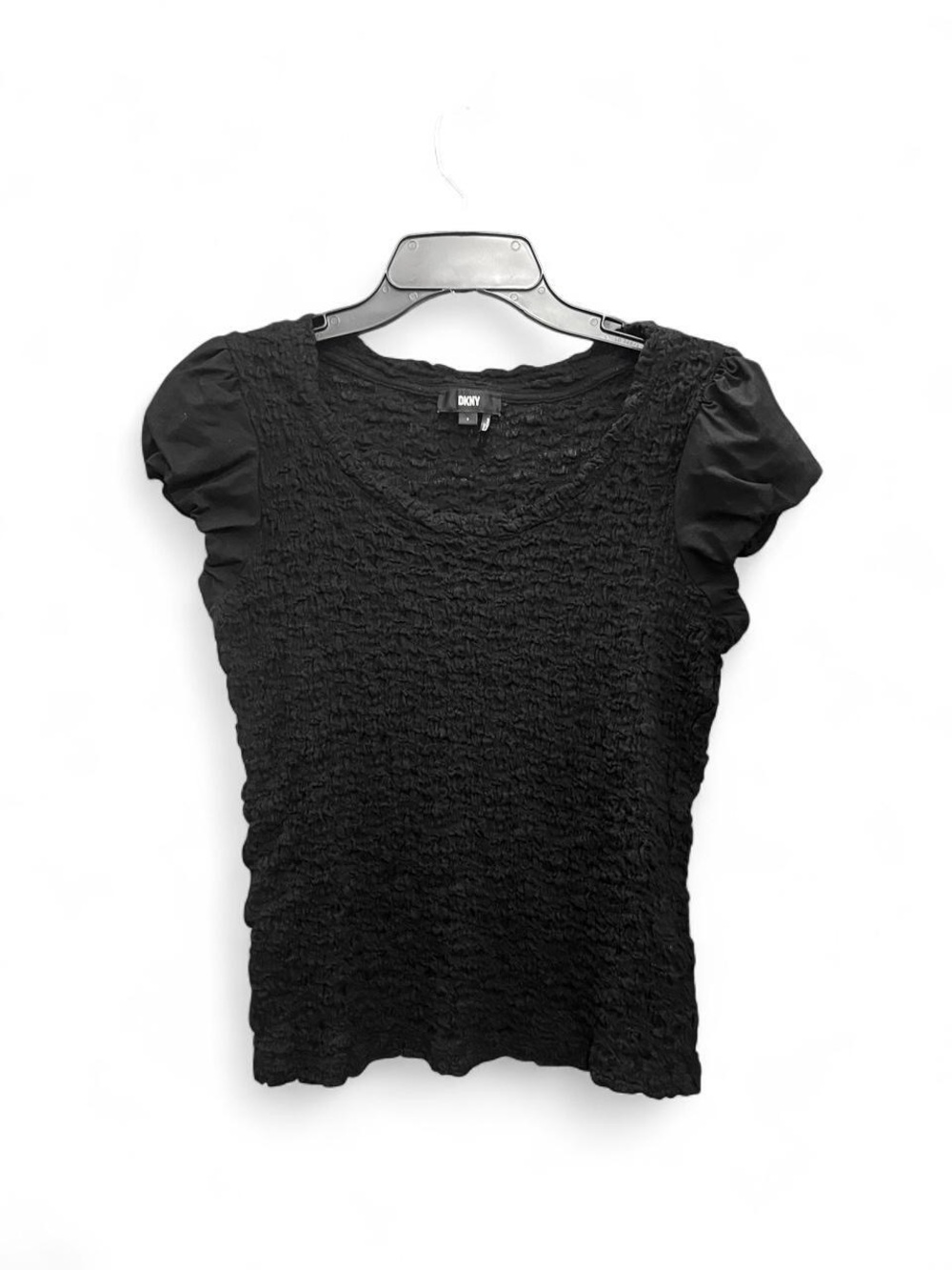 DKNY Black Smocked Puff-Sleeve Short Sleeve Top